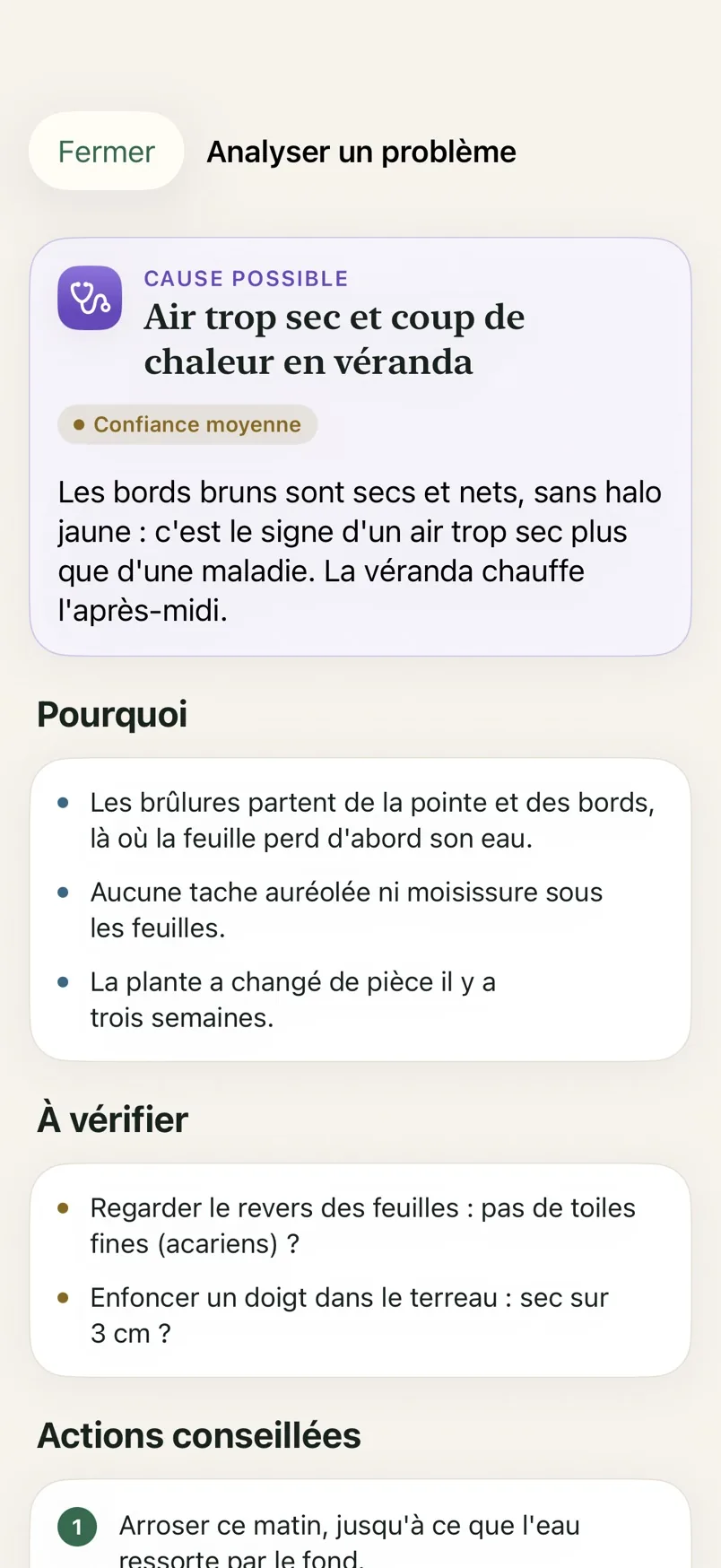 Le résultat d'un diagnostic photo dans Oasis Rare : cause possible, éléments à vérifier et actions conseillées.