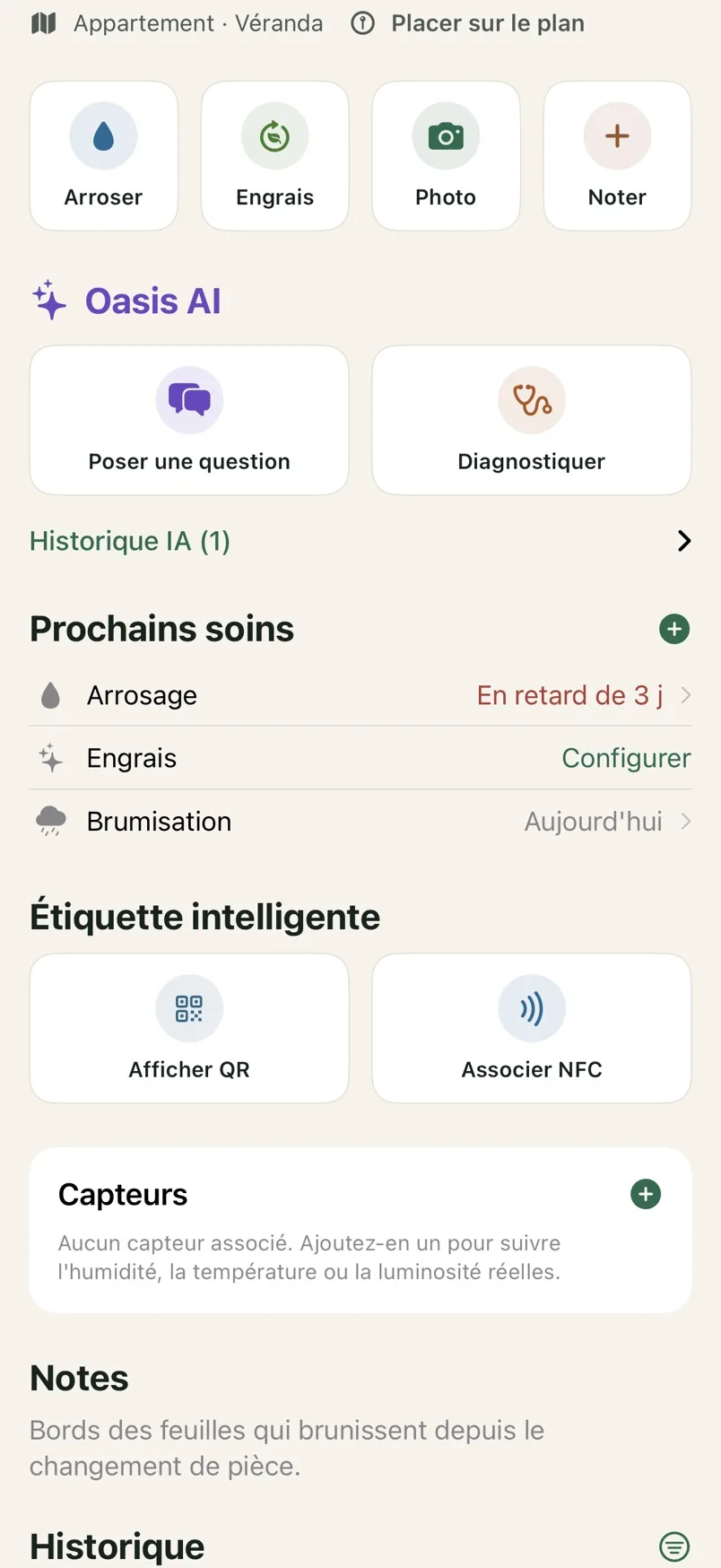 Les prochains soins, l'étiquette intelligente et l'historique d'une plante dans Oasis Rare.